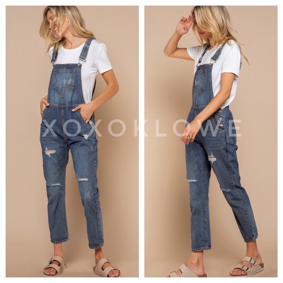 POL Retro 90’s Denim Overalls Grunge Distressed Dark Wash - Picture 4 of 12